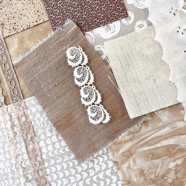 Fabric and lace pieces pack, 12 assorted coffee cream caramel fabric and lace pieces inspiration pack, fabric bundle