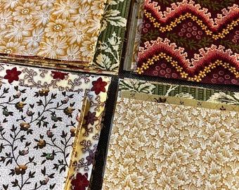 Autumn and Fall floral fabric snippet bundle, 12 assorted vintage pieces cut from cotton  textiles.