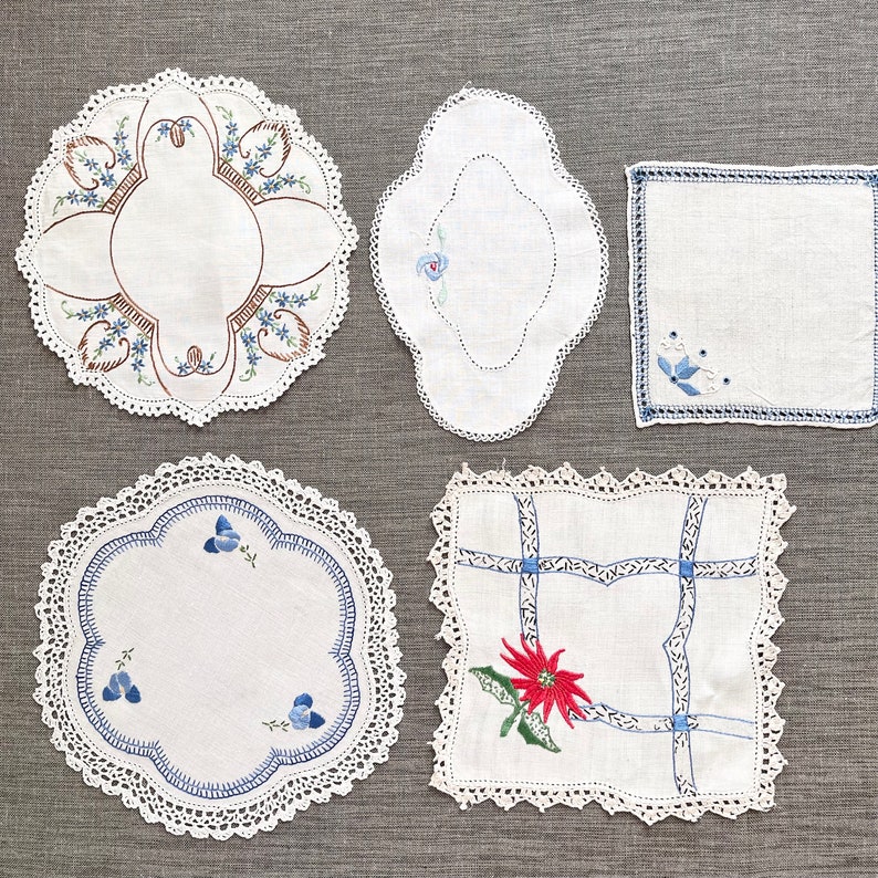 Embroidered doily bundle with 5 assorted vintage floral doilies, bundle for junk journals scrapbooks heirloom quilts crafts image 2