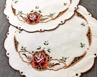 Two Vintage Embroidered Linen Doilies, embroidery of roses with cutwork details