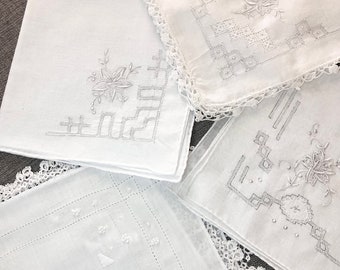 Vintage Handkerchief Bundle, 4 assorted white vintage whitework and lace hankies