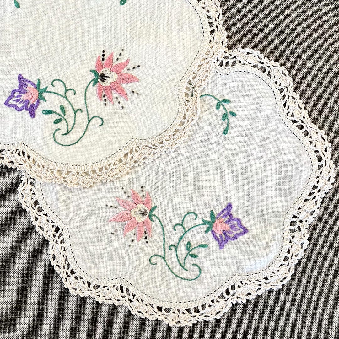 Two Vintage Embroidered Linen Doilies Embroidery Of Purple And Pink