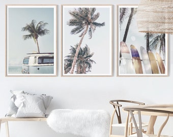 Coastal Prints | Set of 3 Wall Prints | Beach Wall Art | Living Room Print Set | Beach Poster | Surf Artwork | Beach House Decor | Palm Tree