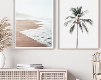 Set of 2 Beach Prints, Coastal Wall Art, Pair of Prints, Tropical Palm Tree Poster, Beach House Decor, Summer Photography Artwork