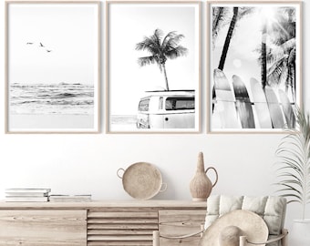 Set of 3 Prints, Beach Prints, Coastal Wall Art Set, Surf Poster Print, Beach Decor, Vintage Surf Van, Surfboard Art Print Set, Ocean Art