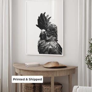 May include: Black and white framed print of a black cockatoo. The bird has a prominent crest and detailed feathering. The print is displayed above a wooden console table with a hat and two woven baskets.