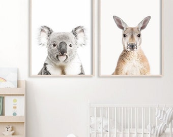 Juego de láminas infantiles de animales australianos, regalo artístico para la habitación del bebé con temática australiana, decoración australiana para la habitación del bebé, juego de 2 láminas de koala y canguro para la pared.