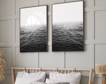 Set of 2 Prints, Black and White Ocean Prints, Beach House Decor, Ocean Art Print Set, Coastal Decor, Living Room Wall Art, Living Room Art