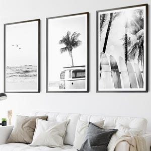 Set of 3 Prints, Beach Prints, Coastal Wall Art Set, Surf Poster Print, Beach Decor, Vintage Surf Van, Surfboard Art Print Set, Ocean Art