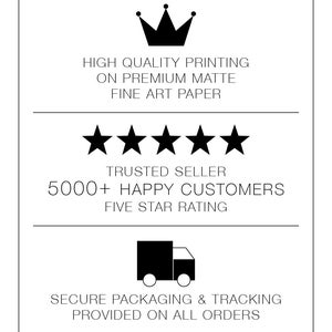 May include: Black and white graphic with a crown, five stars, a delivery truck, and text that reads "HIGH QUALITY PRINTING ON PREMIUM MATTE FINE ART PAPER", "TRUSTED SELLER 5000+ HAPPY CUSTOMERS FIVE STAR RATING", and "SECURE PACKAGING & TRACKING PROVIDED ON ALL ORDERS".