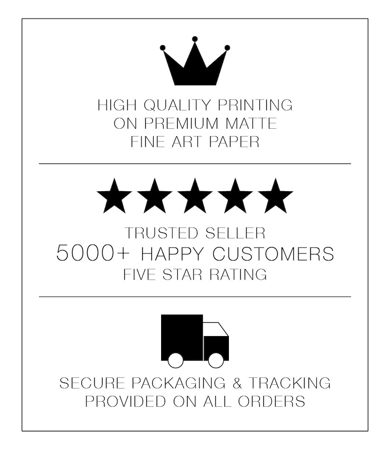 May include: Black and white graphic with a crown, five stars, a delivery truck, and text that reads "HIGH QUALITY PRINTING ON PREMIUM MATTE FINE ART PAPER", "TRUSTED SELLER 5000+ HAPPY CUSTOMERS FIVE STAR RATING", and "SECURE PACKAGING & TRACKING PROVIDED ON ALL ORDERS".