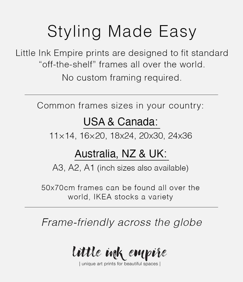 May include: White background with text: "Styling Made Easy." Lists frame sizes for USA & Canada: 11x14, 16x20, 18x24, 20x30, 24x36 inches. Also lists sizes for Australia, NZ & UK: A3, A2, A1 (inch sizes also available).