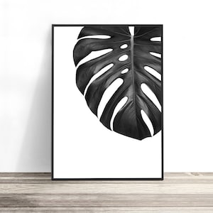 May include: Black and white framed print of a single monstera leaf, with the leaf extending from the top right corner of the frame.