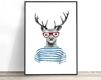 Deer Print, Animal Illustration Print, Hipster Print, Deer Antlers, Hipster Animal Print, Hipster Art, Funny Deer Art, Stag Print