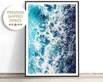 Wave Art Print, Aerial Ocean Print, Sea Photography Print, Sea Foam, Blue Turquoise Water Wall Art