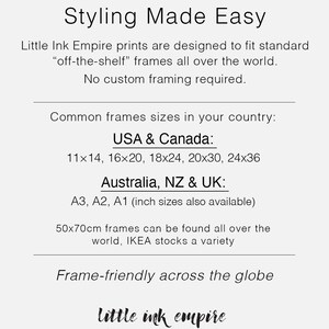 May include: White background with text: "Styling Made Easy." Lists frame sizes for USA & Canada: 11x14, 16x20, 18x24, 20x30, 24x36 inches. Also mentions Australia, NZ & UK frame sizes: A3, A2, A1 (inch sizes also available).