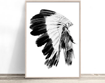 American Indian Headdress Print | Native American Art | Boho Artwork | Bohemian Wall Art | Tribal Decor Poster | Chief Warrior Feathers