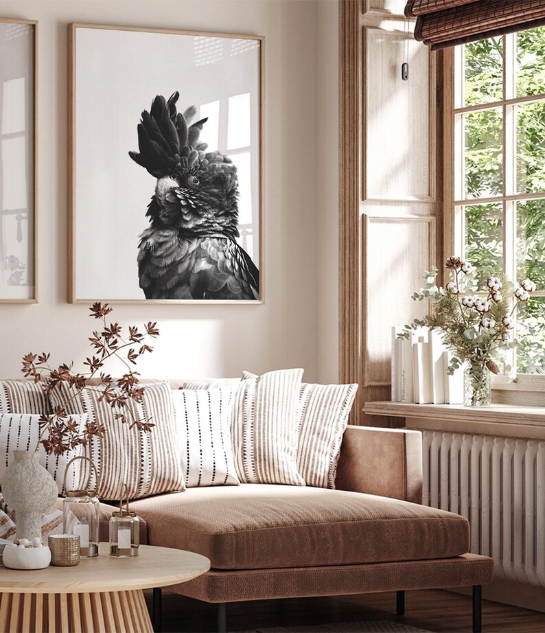 May include: Black and white framed print of a black cockatoo. The bird has a prominent crest and detailed feathering. The print is displayed above a brown sofa with striped pillows, creating a cozy, neutral-toned interior.