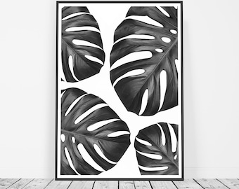 Monstera Print, Monstera Leaf Print, Tropical Print, Monstera Deliciosa, Tropical Botanical Print, Black and White Tropical Decor, Art Print