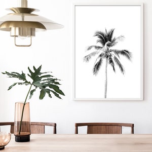 May include: Black and white photograph of a palm tree in a white frame. The frame is hanging on a white wall above a wooden table with two chairs. A vase with a green plant is on the table.