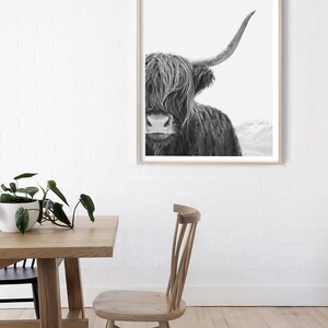 Black and White Highland Cow Print, Cow Wall Art, Photography Print, Poster image 3