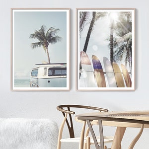 Set of 2 Surf Art Prints, Beach Art, Surf Poster, Kombi Print, Surfboard Art, Vintage Beach Prints, Coastal Wall Art, Summer Decor, Surf Van