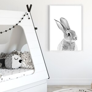 May include: Black and white photograph of a rabbit with its ears perked up, printed on a white frame and hung on a white wall.