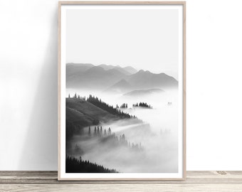 Misty Pine Forest Print | Scandinavian Wall Art | Black and White Print | Foggy Mountain Poster | Nordic Scandi Art |  Calming Wall Art