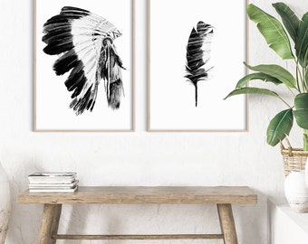 Set of 2 Prints, Native American Art, Boho Wall Art, Indian Headdress Print Set, Tribal Bohemian Decor Southwestern Poster Boho Home Artwork