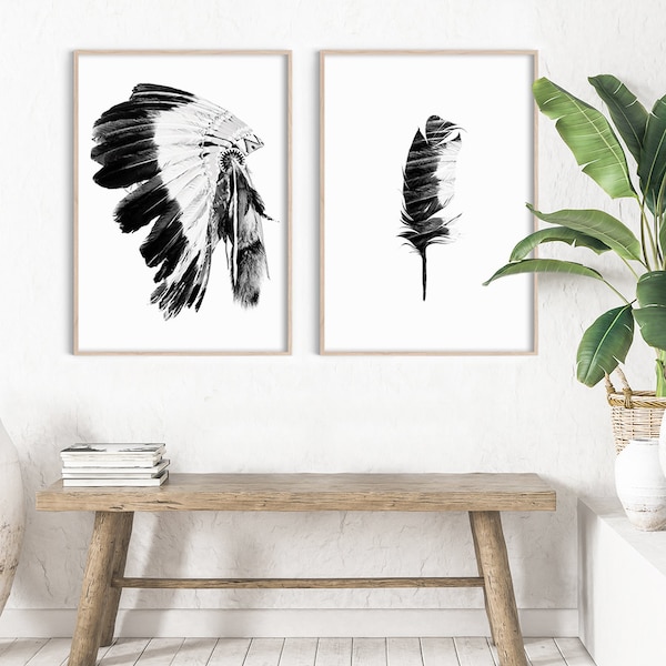 Set of 2 Prints, Native American Art, Boho Wall Art, Indian Headdress Print Set, Tribal Bohemian Decor Southwestern Poster Boho Home Artwork