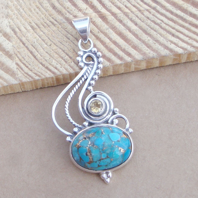 925 Sterling Silver Pendant Gift Pendant Everyday wear Pendant Citrine Pendant Blue Copper Turquoise Pendant Turquoise Pendant