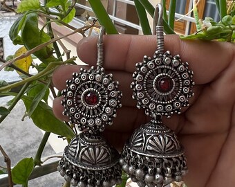925 Solid Silver Stud Jhumki Earrings, Antique Silver Earring