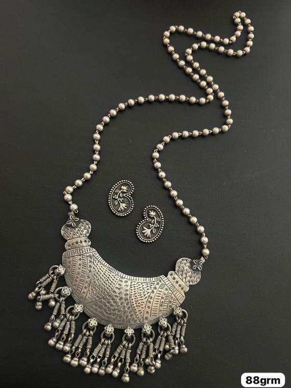 Oxidized Silver Tribal Necklace Set Boho Dholki Pendant With
