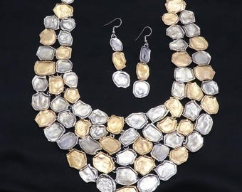 Handcrafted Silver & Gold Statement Necklace with Matching Earrings Vintage Indian Jewelry for Women
