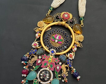 18k Gold überzogene Pfau-Entwurfs-Handicraft Silber-Schmucksachen, 925 feste silberne Halskette, antiker Stammes- indische Hochzeit Brauthalskettenschmuck
