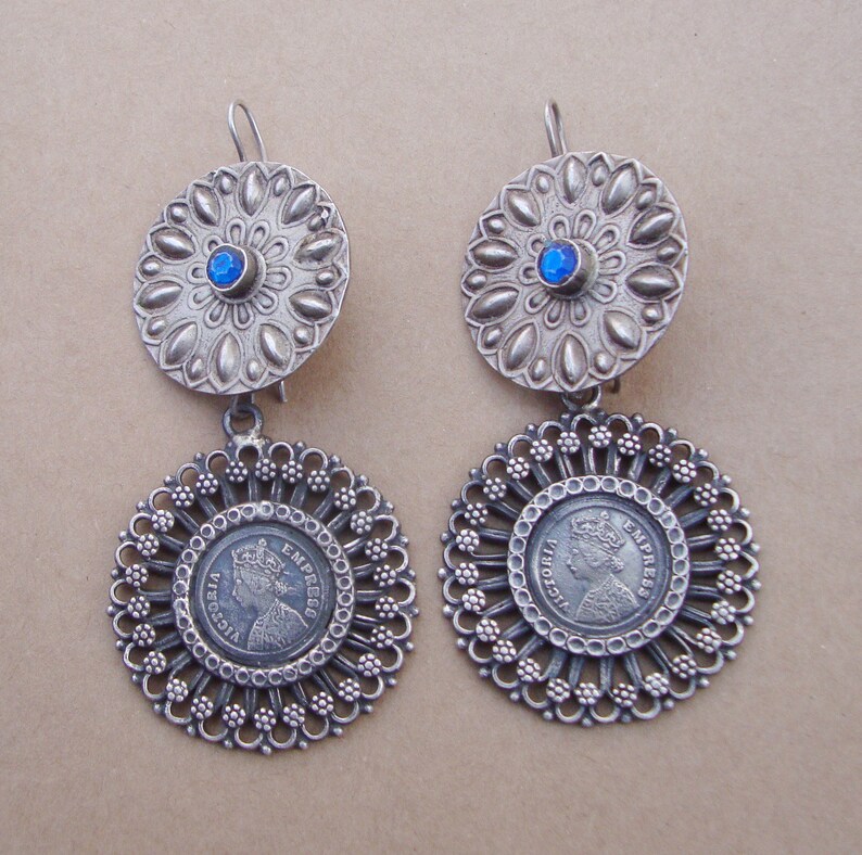 Wedding Gift,Blue Glass Tribal Old Silver Vintage Look Victorian Stud Dangle Earrings For GIFT