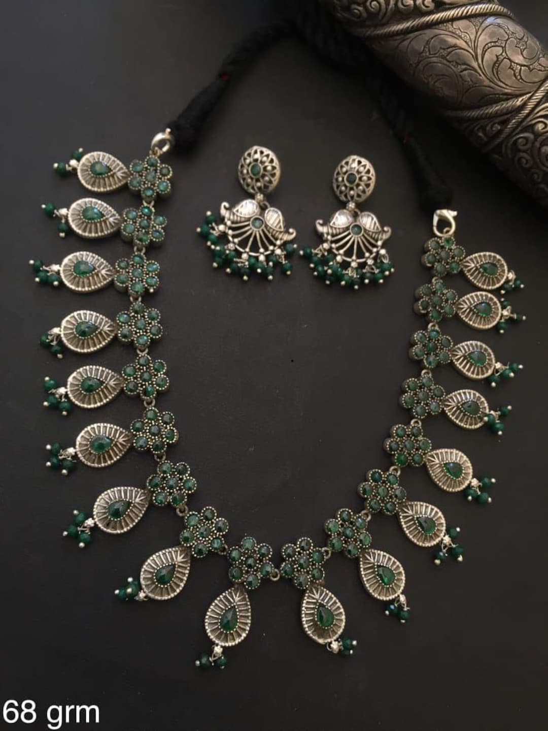 Antique Silver Green Stone Necklace Set, Handcrafted Indian