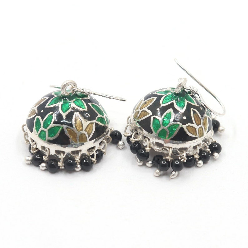 Handmade Tribal Indian Jhumka Earrings with black beads 925 Sterling Silver Jhumka Dangle Earrings with Enamel Meenakari work