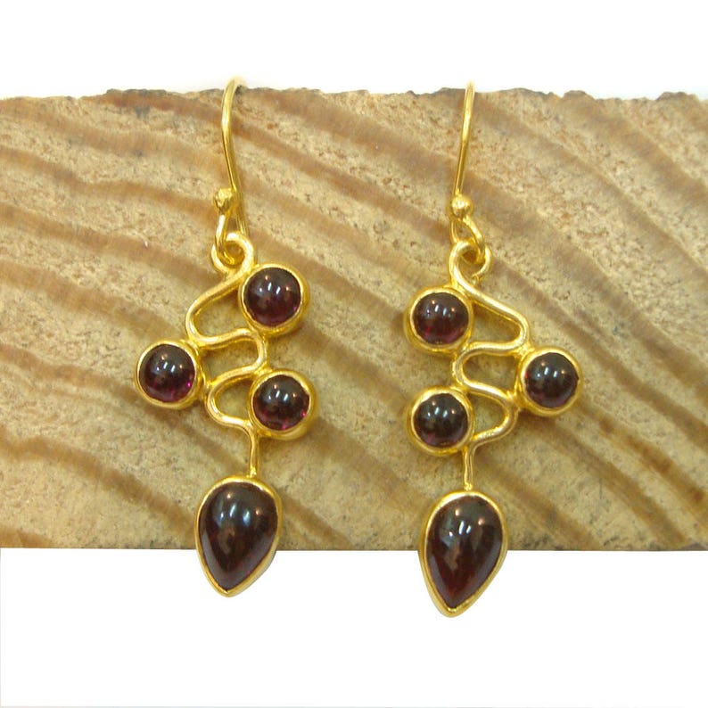 Wedding Gift,Royal Garnet Handmade 925 Sterling Silver Gold Plated Dangle Earrings For GIFT