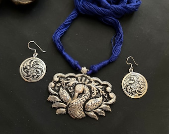 Collana tradizionale in argento antico con orecchino, collana di pavone in argento antico massiccio vintage 925, gioielli fatti a mano da donna
