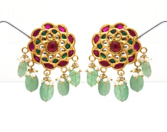 Gold Plated Emerald With stone Earrings, Indian kundan jadau Earrings 925 sterling Silver Earrings Jewelry, wedding polki earrings Jewelry
