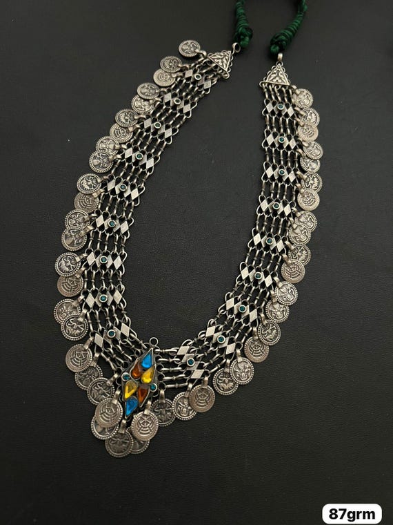 Boho Tribal Coin Necklace 87g Oxidized Silver Chain Choker With