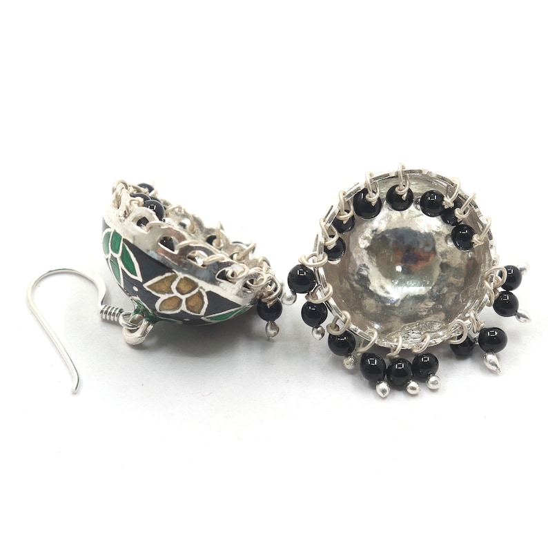 Handmade Tribal Indian Jhumka Earrings with black beads 925 Sterling Silver Jhumka Dangle Earrings with Enamel Meenakari work
