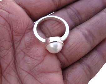 Anillo de plata esterlina sólida de perlas de agua dulce 925, anillos de plata unisex de perlas contemporáneas