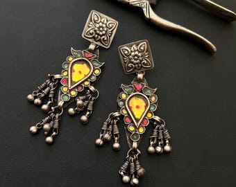Multi Glass Stone Silver Stud Earring 925 Pure Silver Handmade Antique Vintage Silver Camel Earring