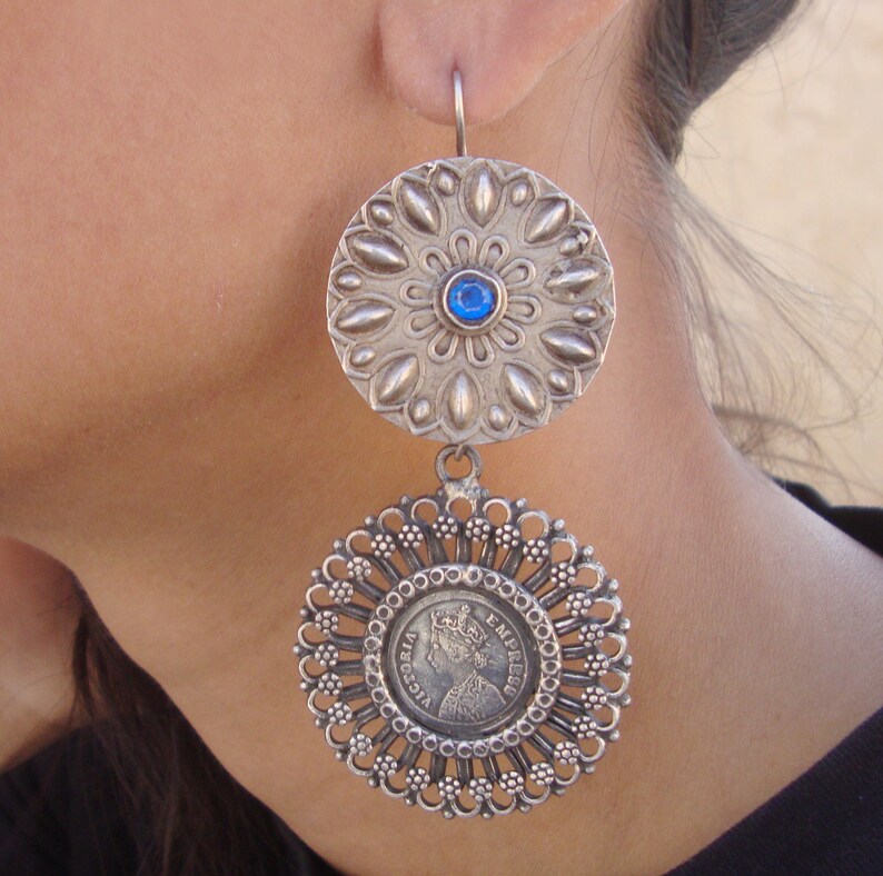 Wedding Gift,Blue Glass Tribal Old Silver Vintage Look Victorian Stud Dangle Earrings For GIFT