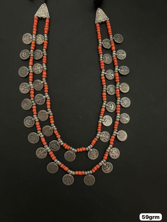 Buy Handmade Tribal Coin Necklace, Oxidized Silver With Red Beads