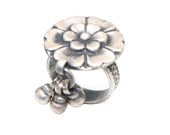 925 Sterling Silver Flower Design Hanging Ghungroo Ring Handmade Silver Ring Silver Adjustable Ring handcrafted women girls ring jewelry
