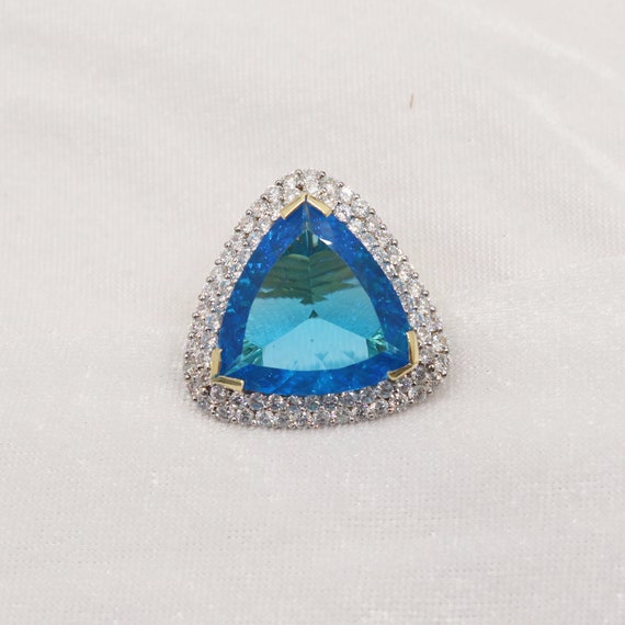 Triangle Shape Big Ring, Blue Stone Ring With Cubic Zirconia