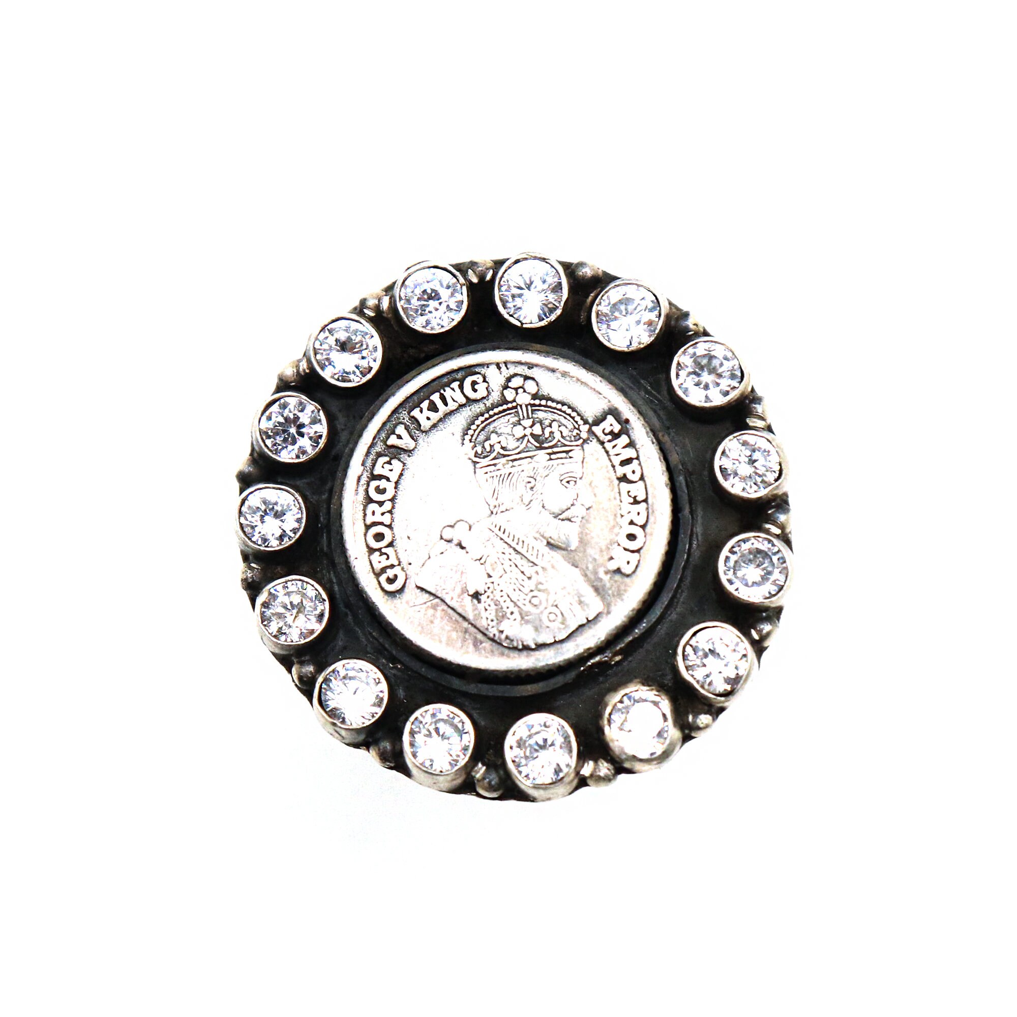 925 Zircon Solid Sterling Silver Ring, Victorian Coin Ring